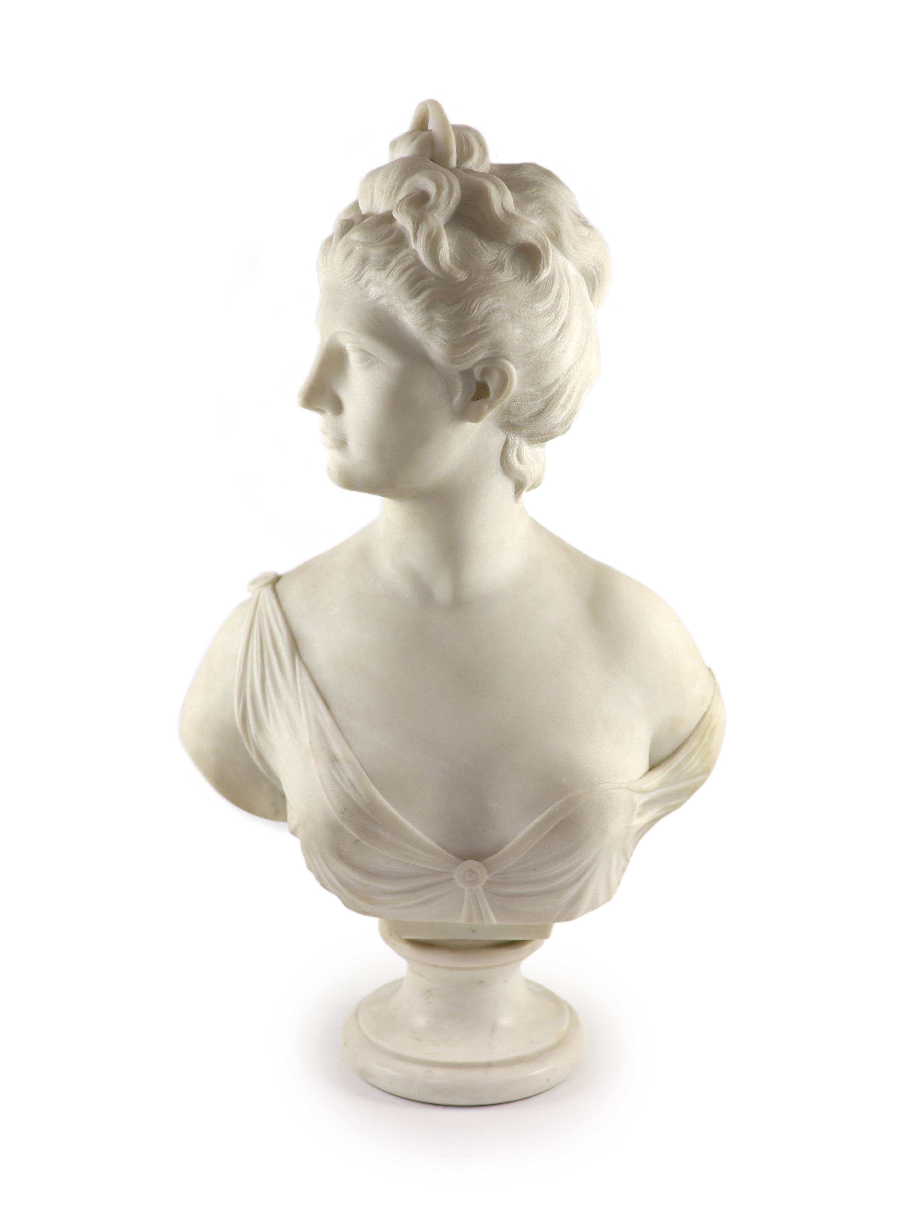 After Jean-Antoine Houdon (1786-1846), a late 19th century white marble bust of Diana the Huntress H 62cm.